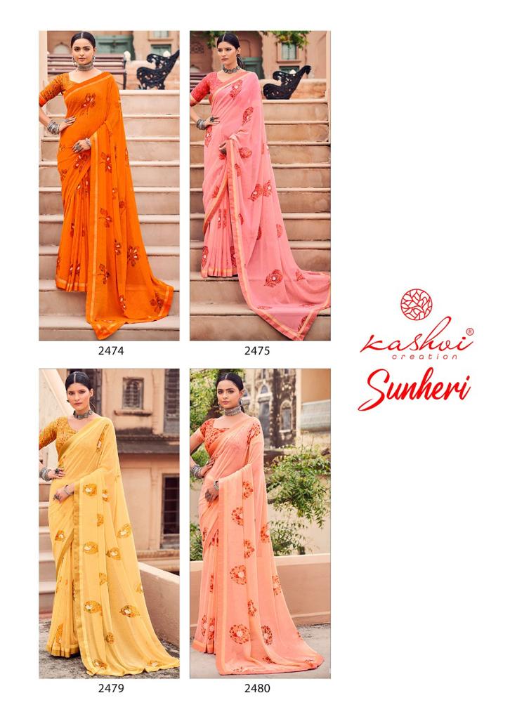 Kashvi Sunheri Ethnic Wear Printed Fancy Georgette Saree Collection